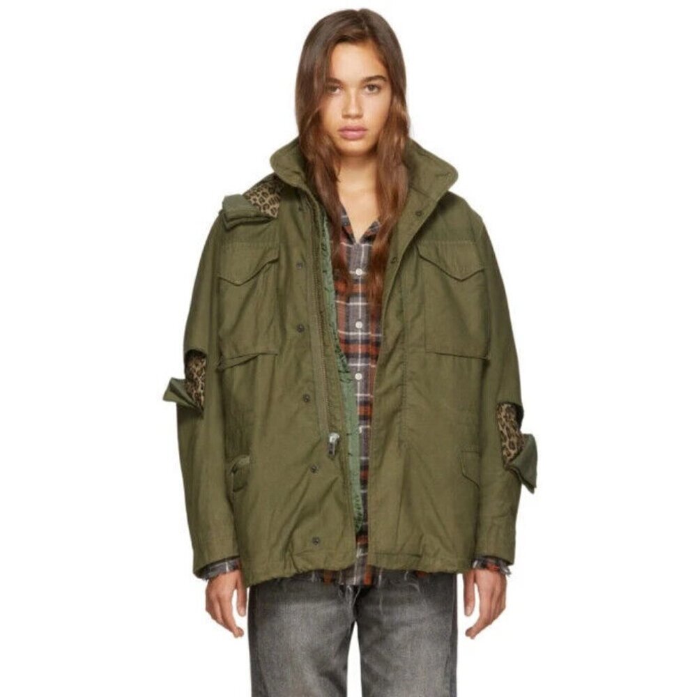 R13 Olive Green Jacket with Leopard Accents